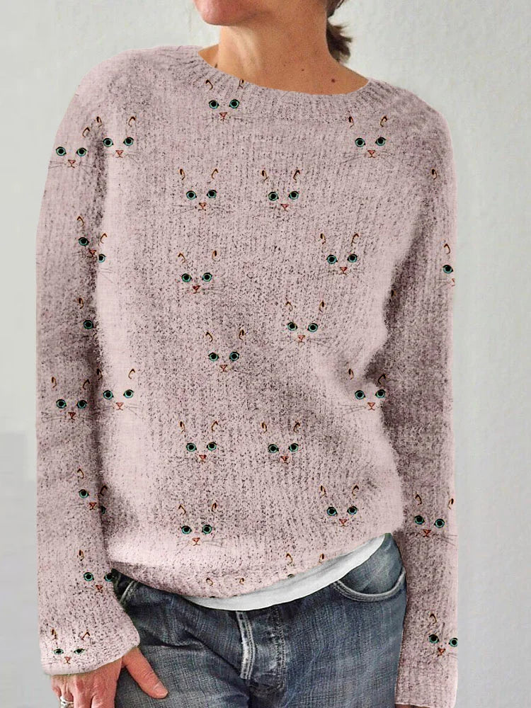 Maglione accogliente con collo rotondo stampato con viso di gatto