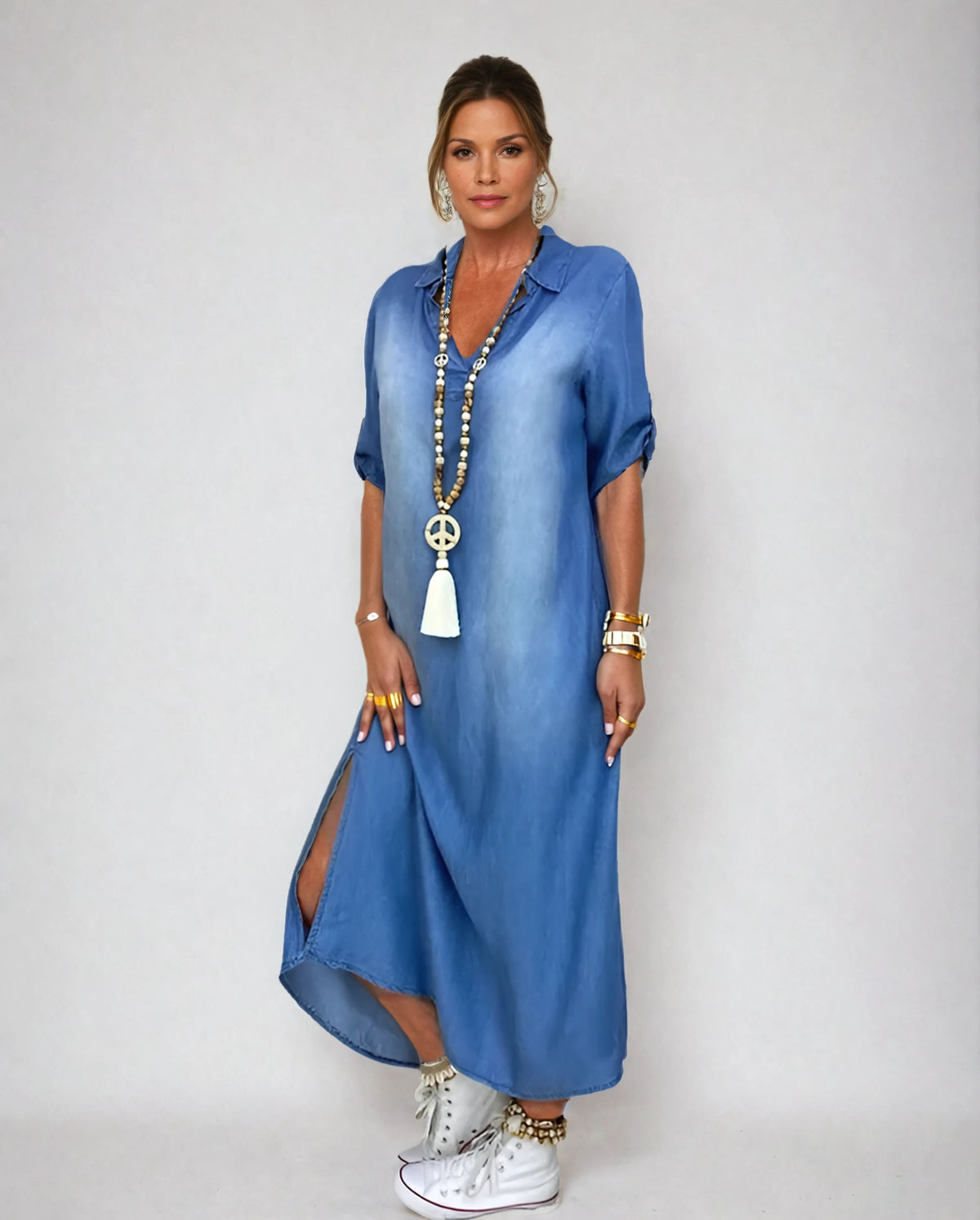Lea | Abito lungo in look denim con spacco laterale