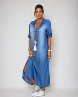 Lea | Abito lungo in look denim con spacco laterale