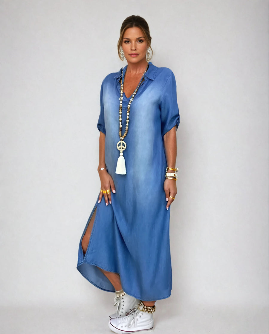 Lea | Abito lungo in look denim con spacco laterale