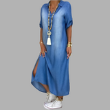 Lea | Abito lungo in look denim con spacco laterale