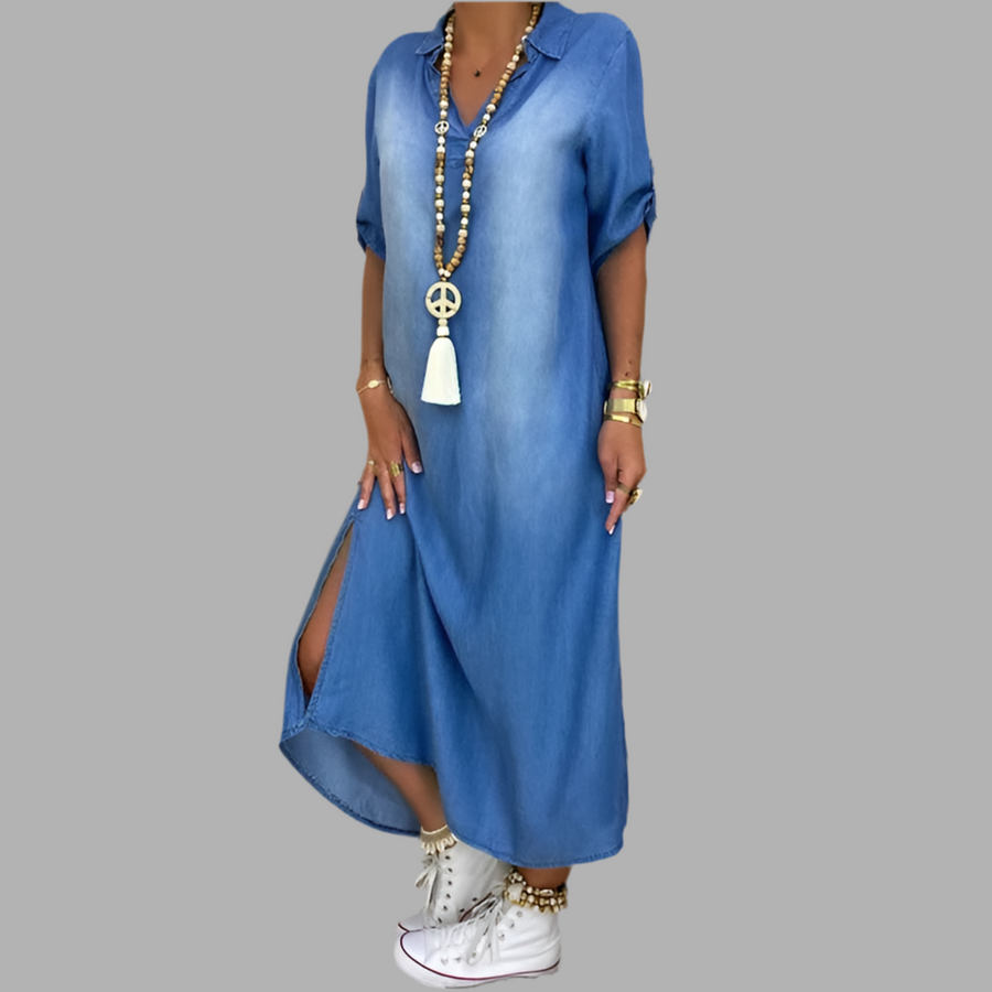 Lea | Abito lungo in look denim con spacco laterale