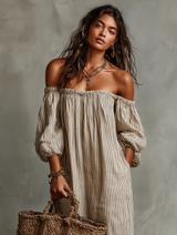 Carmen | Abito lungo in cotone e lino con spalle scoperte da donna