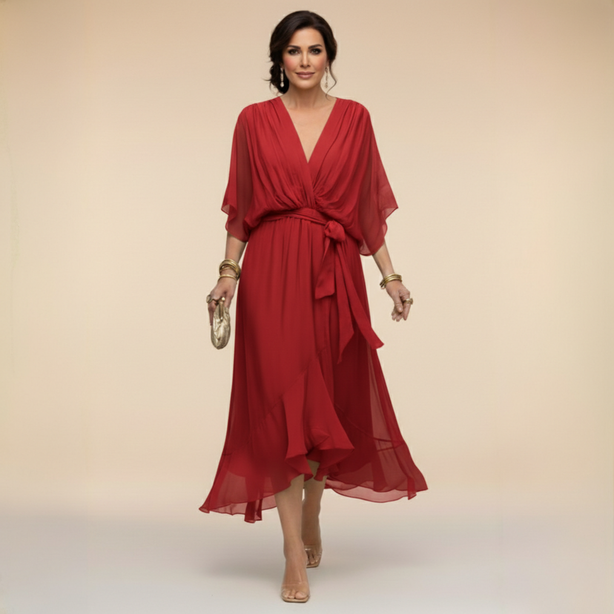 Monica - Abito em chiffon da donna con scollo a V