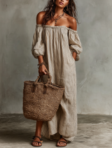 Carmen | Abito lungo in cotone e lino con spalle scoperte da donna