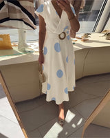 Lorena - Vestito midi da donna con pois e scollo a V