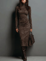 Ilaria | Abito Midi in Suede con Collo Alto e Maniche Lunghe