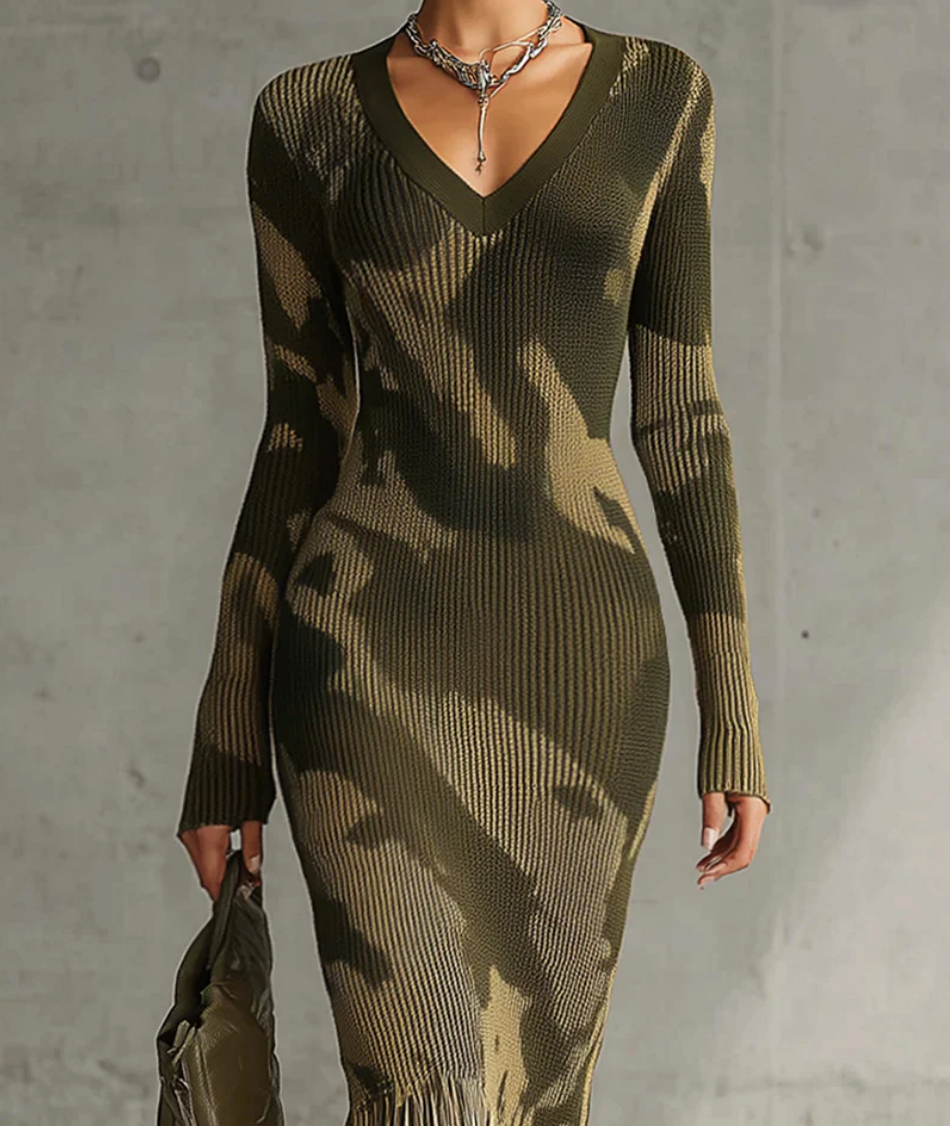 Maria | Abito Midi Tricot Camouflage con Scollo V