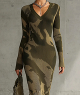 Maria | Abito Midi Tricot Camouflage con Scollo V