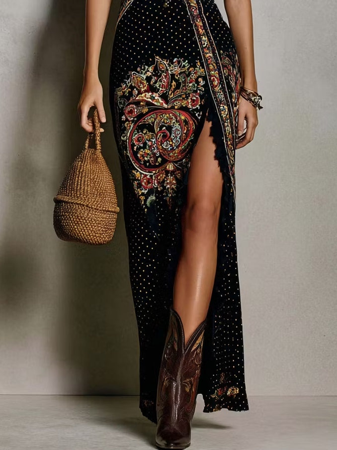 Rita - Vestito Stampato in Stile Bohemien con Scollatura a V Profonda e Grande Apertura per Donna