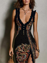 Rita - Vestito Stampato in Stile Bohemien con Scollatura a V Profonda e Grande Apertura per Donna