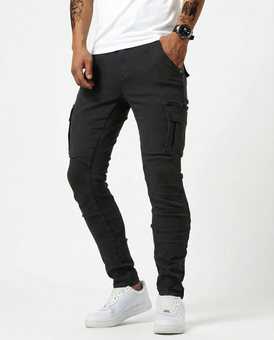 Duvan - Pantaloni cargo blu navy elasticizzati da uomo