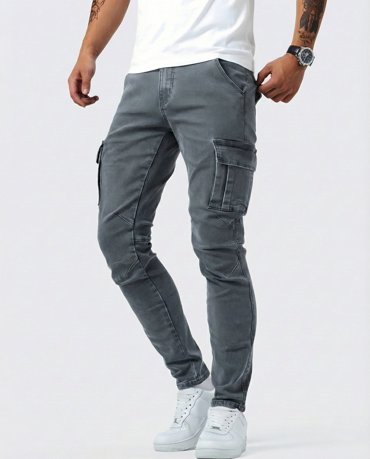 Duvan - Pantaloni cargo blu navy elasticizzati da uomo