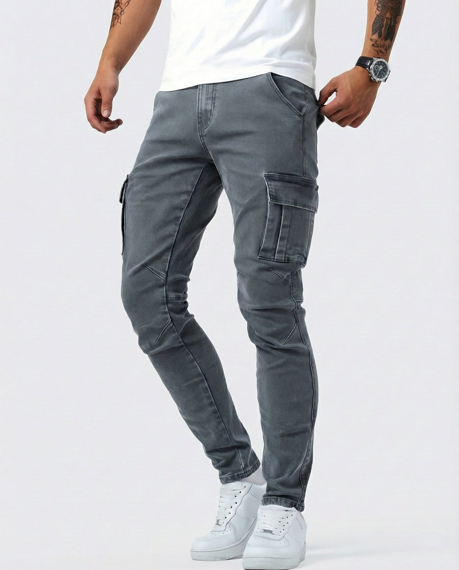 Duvan - Pantaloni cargo blu navy elasticizzati da uomo