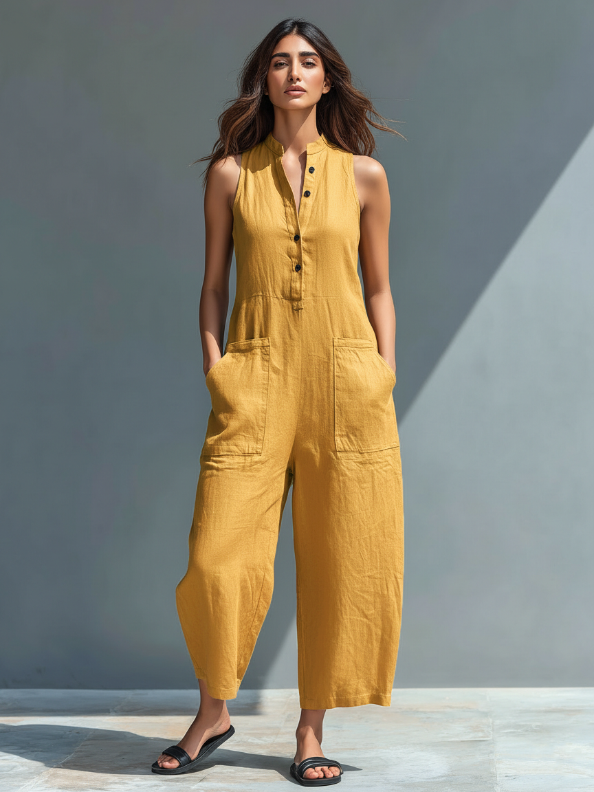 Claudia | Tuta Minimalista in Lino da Donna Senza Maniche con Collo e Bottoni