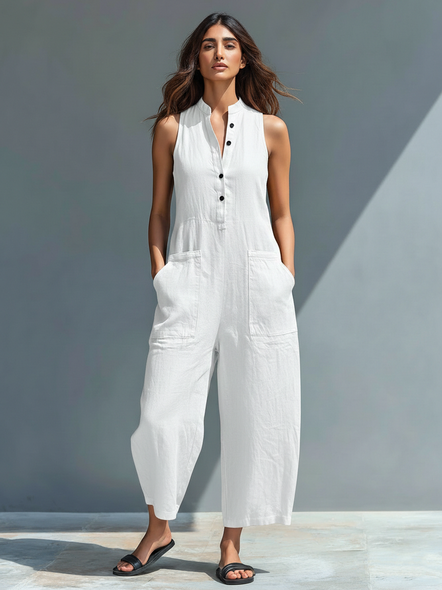Claudia | Tuta Minimalista in Lino da Donna Senza Maniche con Collo e Bottoni