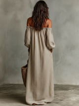 Carmen | Abito lungo in cotone e lino con spalle scoperte da donna