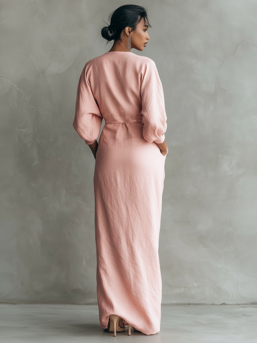 Rosa - Abito Maxi Minimalista con scollo a V em mistura di Linho da donna