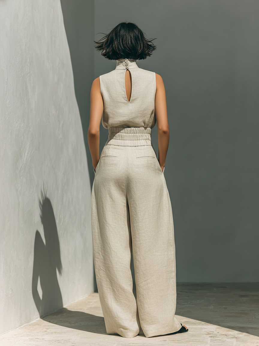 Aida - Set di Blusa Sem Maniche Pantaloni di Perna Larga in Cotone Lino Minimalista da donna