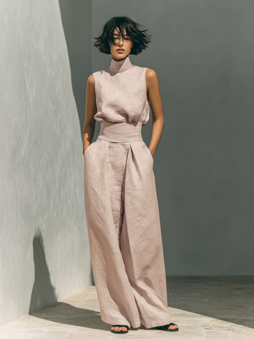 Aida - Set di Blusa Sem Maniche Pantaloni di Perna Larga in Cotone Lino Minimalista da donna