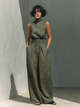 Aida - Set di Blusa Sem Maniche Pantaloni di Perna Larga in Cotone Lino Minimalista da donna