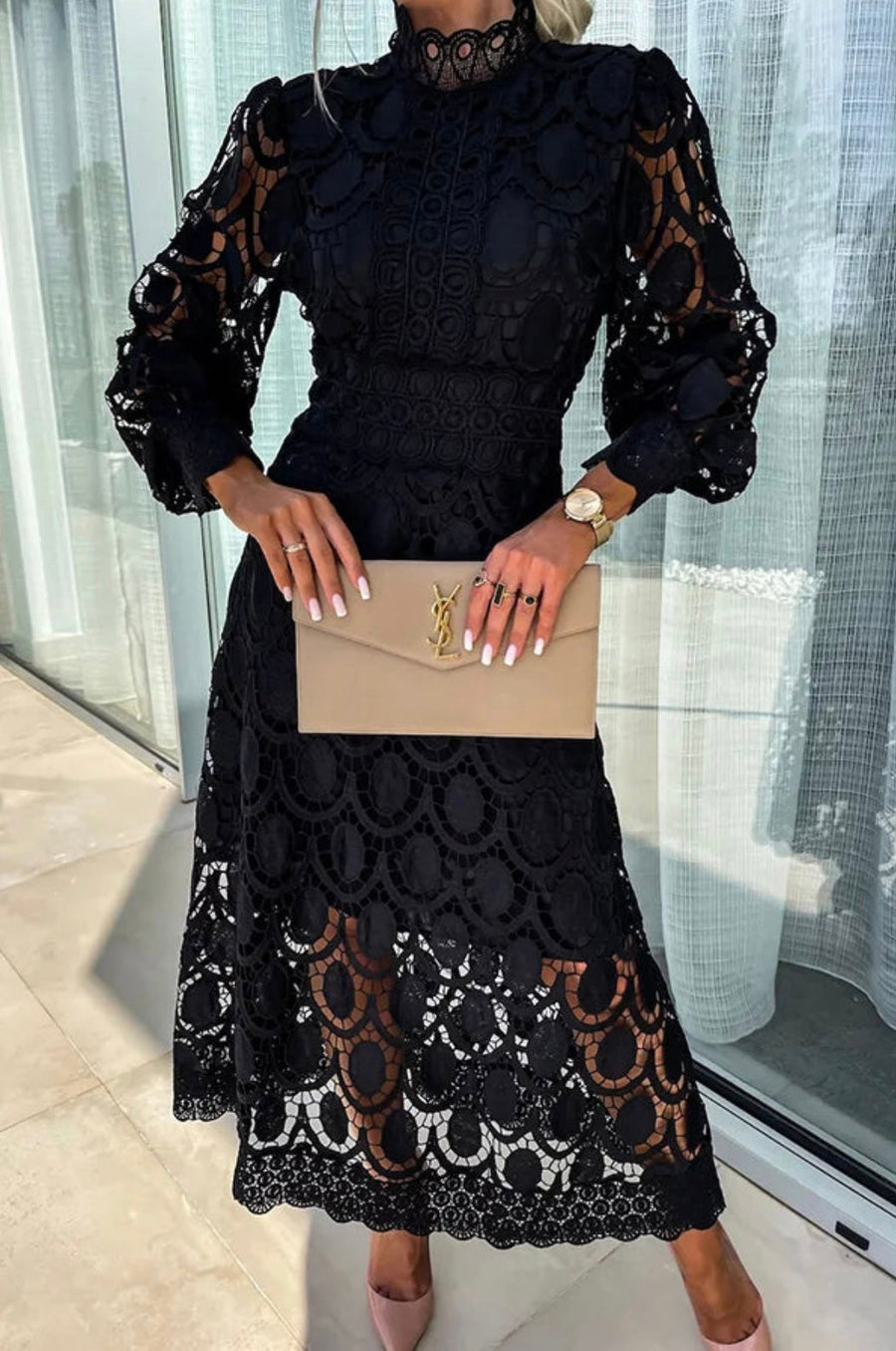 Rori - Abito midi elegante da donna con dettagli in pizzo