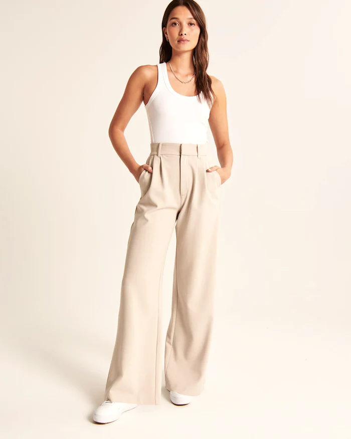 Maria - Pantaloni beige sartoriali a gamba larga