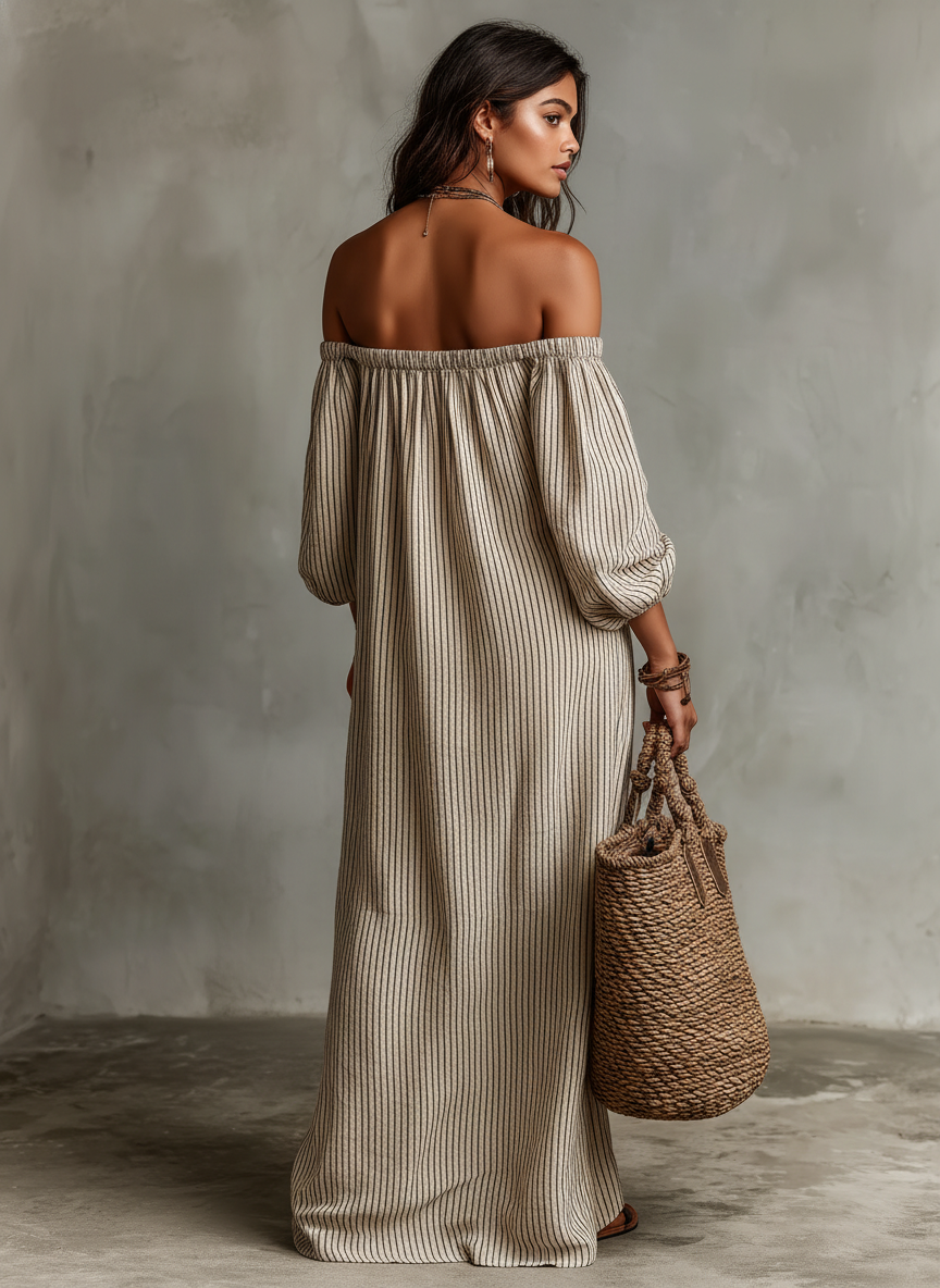 Carmen | Abito lungo in cotone e lino con spalle scoperte da donna