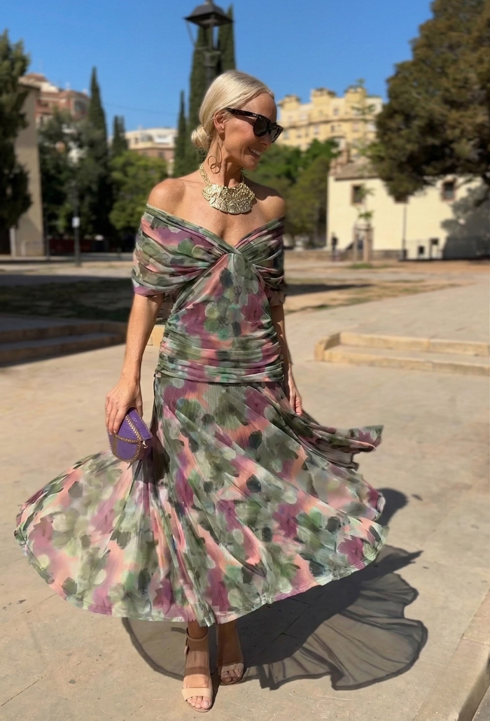 Alondra - Abito lungo da donna con stampa floreale e scollo a V