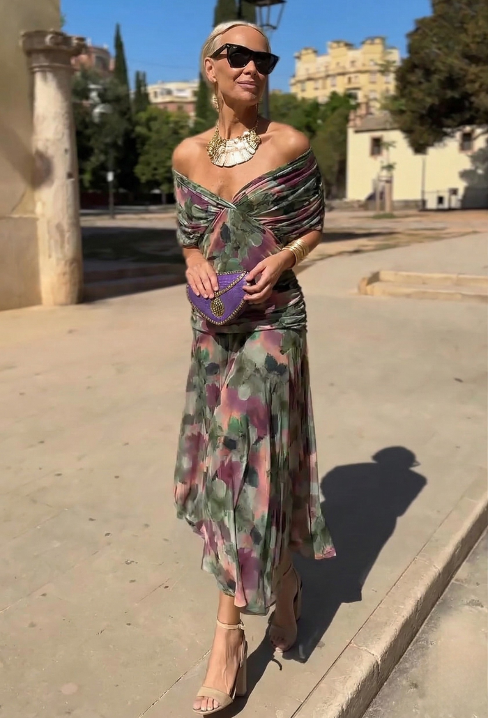 Alondra - Abito lungo da donna con stampa floreale e scollo a V