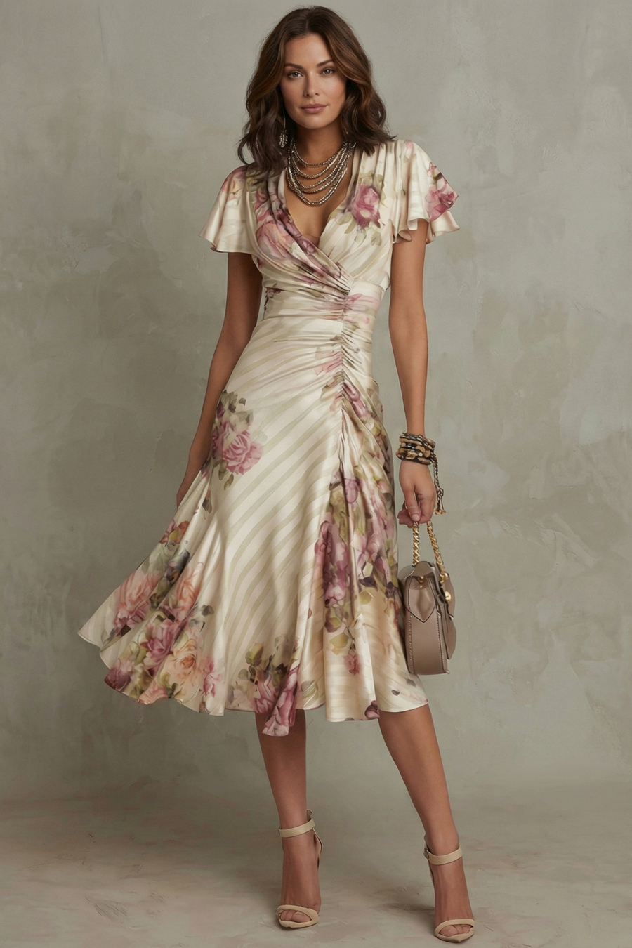Rosavienne | Abito midi Romantismo vintage em cetim da donna