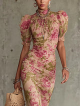 Fiora | Abito lungo stampato vintage di rosas e maniche bufantes da donna