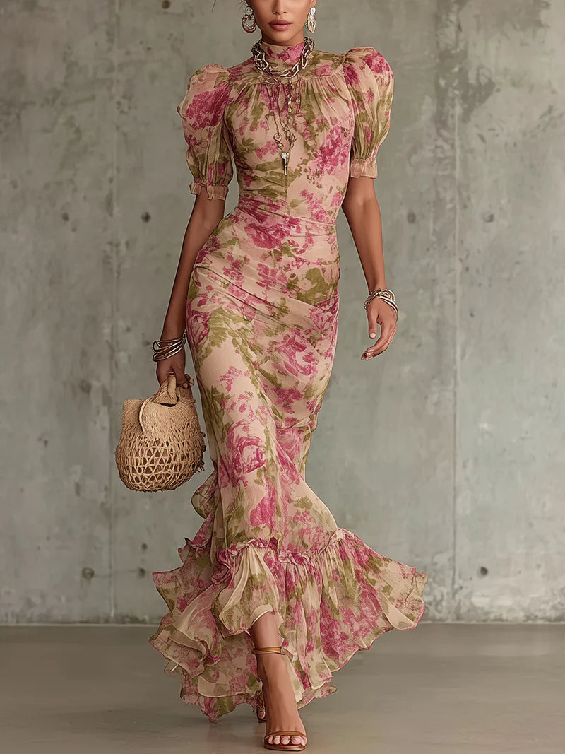 Fiora | Abito lungo stampato vintage di rosas e maniche bufantes da donna