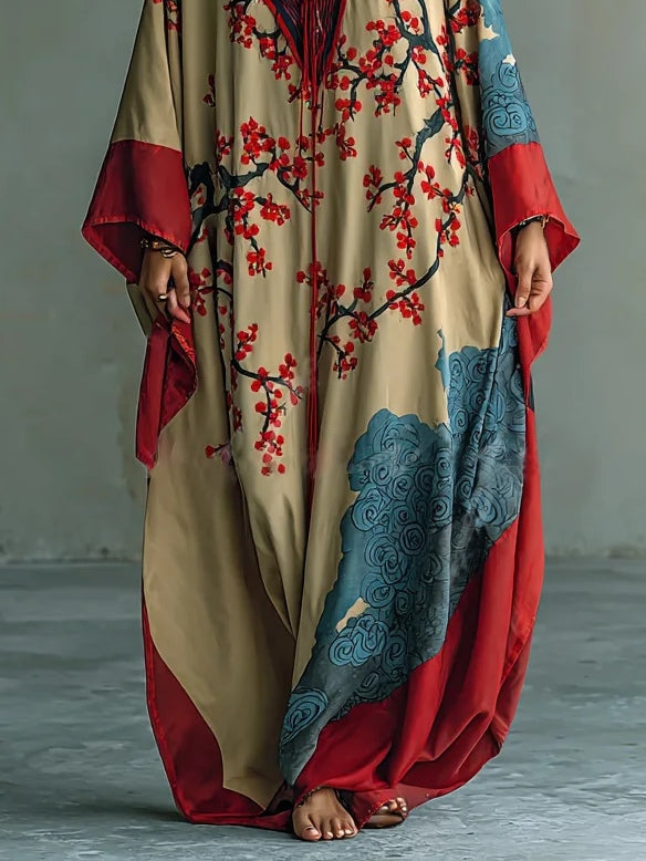 Zaki - Abito Maxi con Impressão di Flor di Ameixa Rossa Japonesa