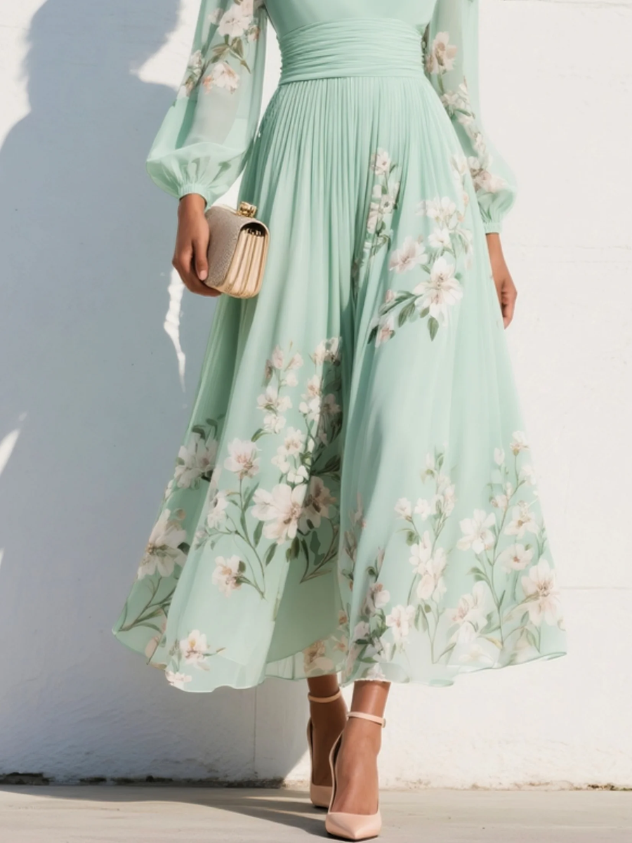 Menta - Abito Maxi Plissê em Chiffon Verde Menta con Stampa Floreale da donna