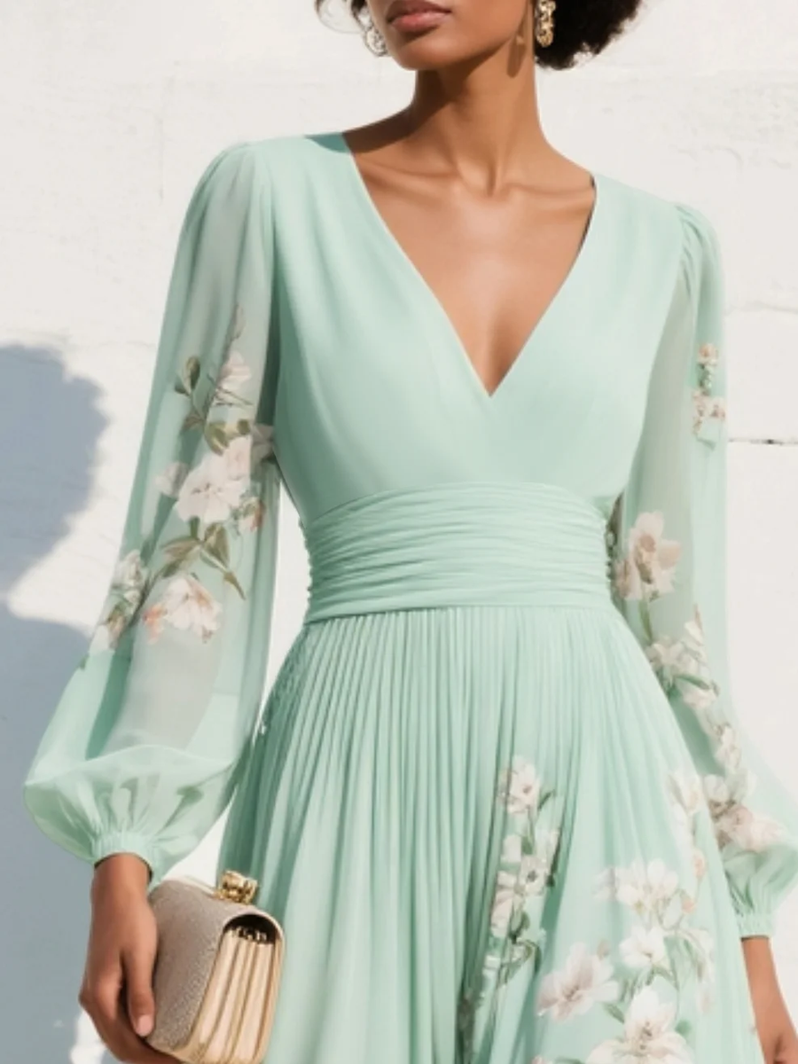 Menta - Abito Maxi Plissê em Chiffon Verde Menta con Stampa Floreale da donna