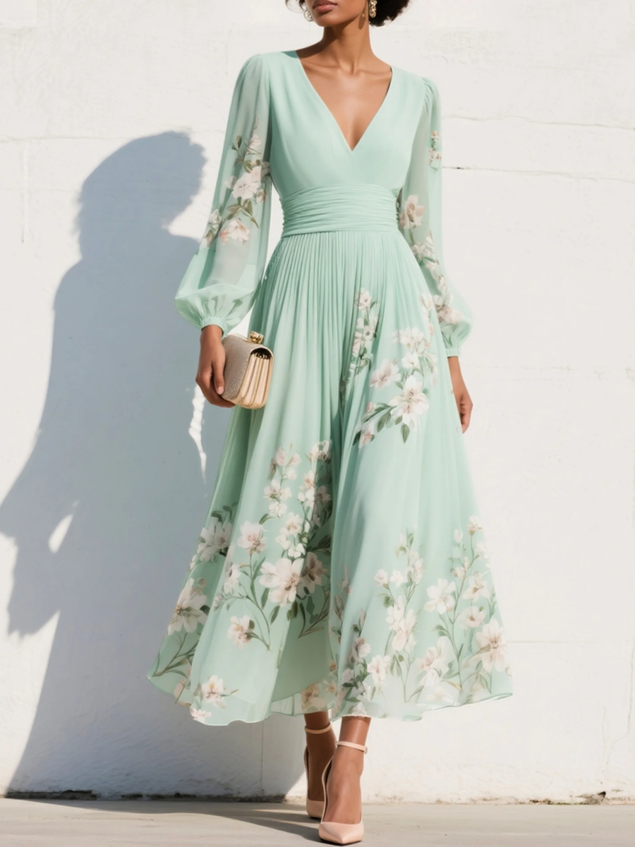 Menta - Abito Maxi Plissê em Chiffon Verde Menta con Stampa Floreale da donna