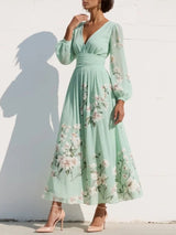 Menta - Abito Maxi Plissê em Chiffon Verde Menta con Stampa Floreale da donna
