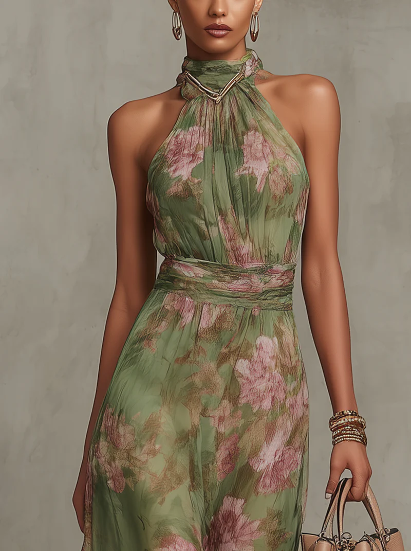 Alejandra | Abito Maxi Floreale Verde con Scollo Halter