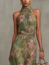 Alejandra | Abito Maxi Floreale Verde con Scollo Halter