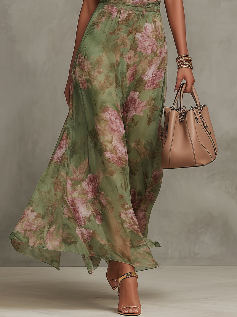 Alejandra | Abito Maxi Floreale Verde con Scollo Halter