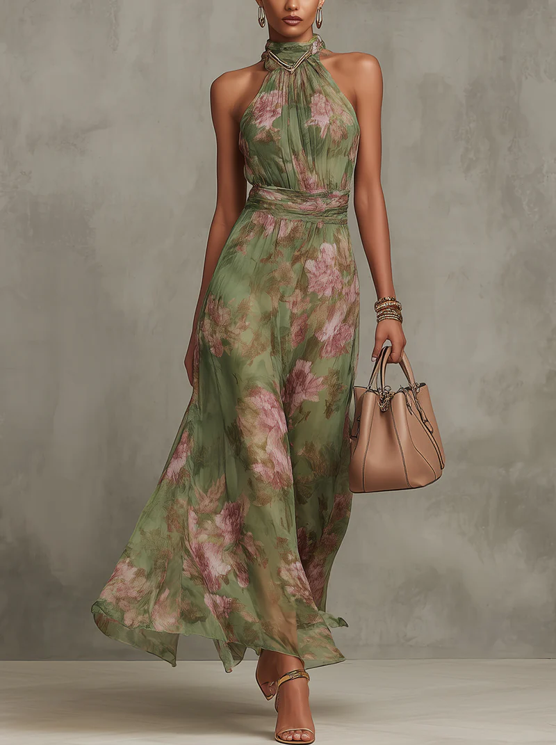 Alejandra | Abito Maxi Floreale Verde con Scollo Halter