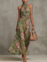 Alejandra | Abito Maxi Floreale Verde con Scollo Halter