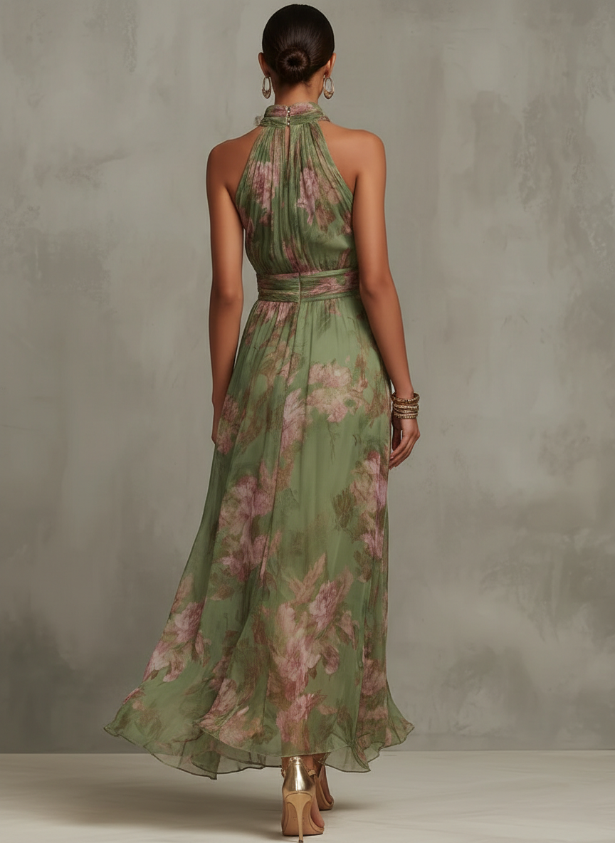 Alejandra | Abito Maxi Floreale Verde con Scollo Halter