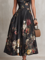 Dunora - Abito Midi di Cetim Plissettato Floreale con Gola da donna