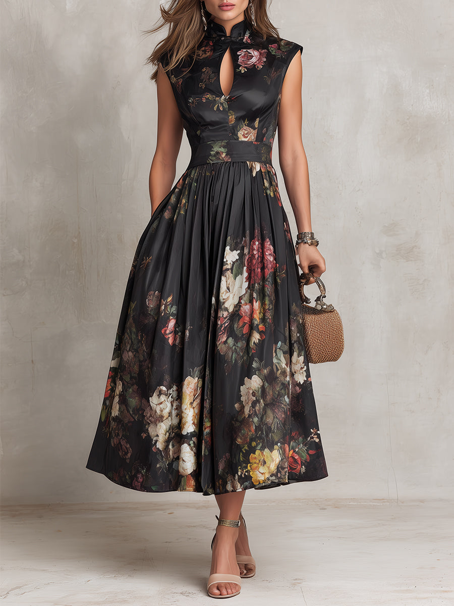 Dunora - Abito Midi di Cetim Plissettato Floreale con Gola da donna