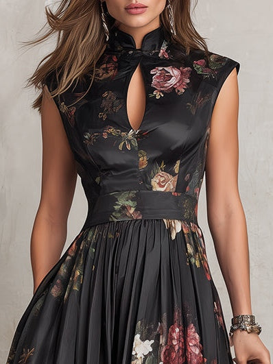 Dunora - Abito Midi di Cetim Plissettato Floreale con Gola da donna