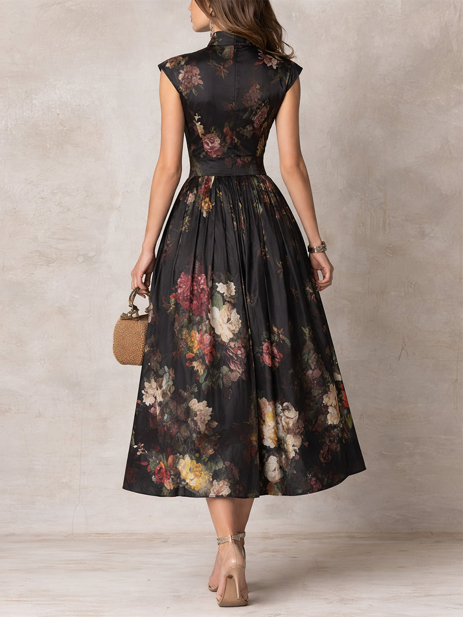 Dunora - Abito Midi di Cetim Plissettato Floreale con Gola da donna