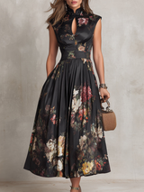 Dunora - Abito Midi di Cetim Plissettato Floreale con Gola da donna