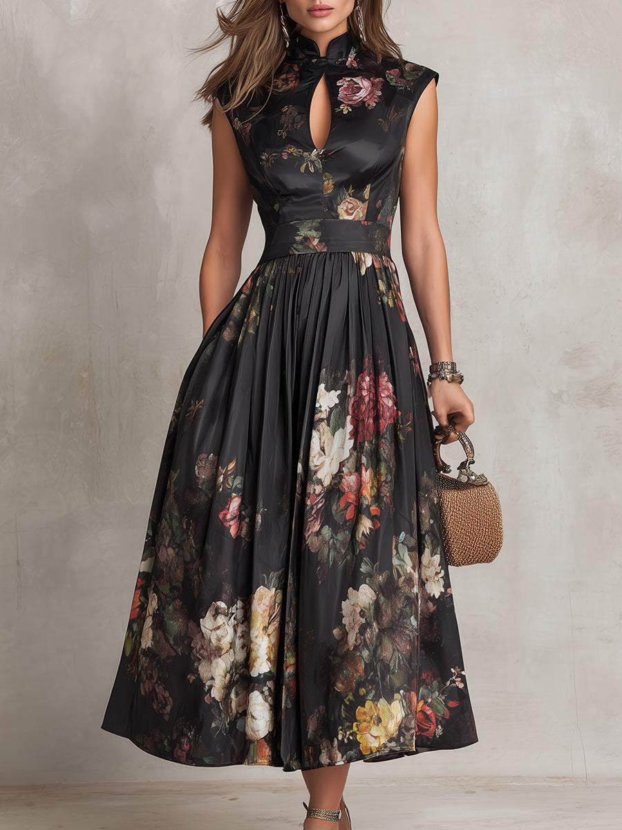 Dunora - Abito Midi di Cetim Plissettato Floreale con Gola da donna